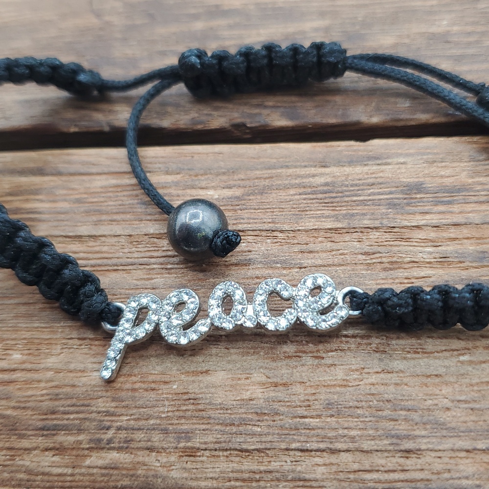 Black Braided Bracelet with Peace Charm B3433 - Picture 2 of 3